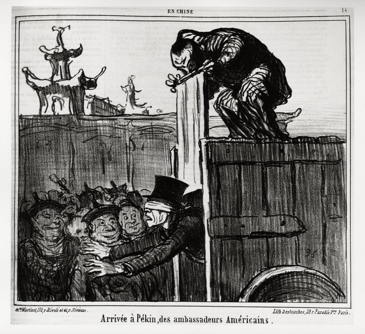 Chegou a Pekin dos embaixadores americanos. Na serie En Chine, ilustração de Honore Daumier (1808-1879), publicada em "Charivari", datada de 13 de Outubro de 1859. de Honoré Daumier