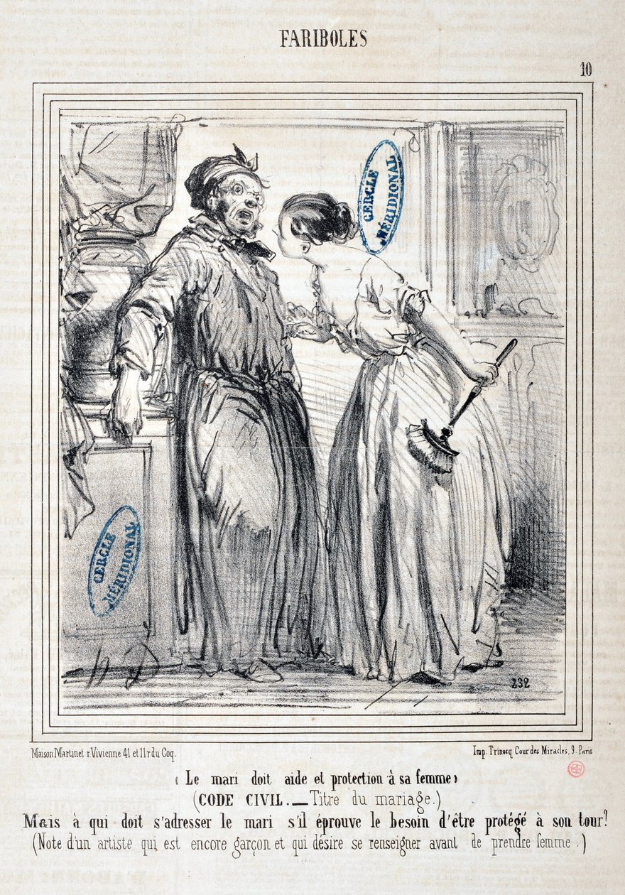Obra de Honore Daumier (1808-1879) Charivari: Serie FARIBOLES Le mari doit aide et protection a sa femme (Código Civil - Title du mariage) "- Mas quem deve se dirigir ao marido se ele sente a necessidade de ser protegido por sua vez? (Nota de um artista qu de Honoré Daumier