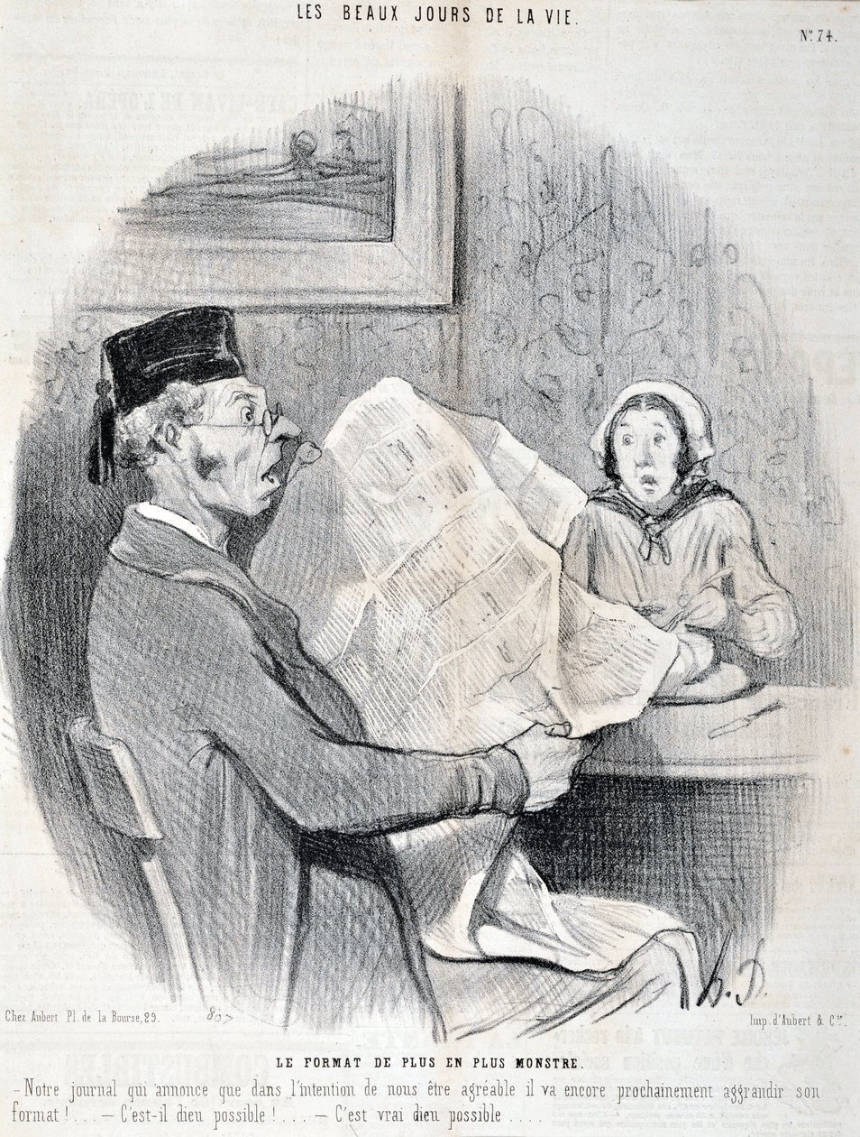 Obra de Honore Daumier (1808-1879). Charivari: Serie THE BEAUTY DAYS OF LIFE. O formato cada vez mais monstruoso "- Nosso jornal que anuncia que, para ser agradável a você, em breve aumentará ainda mais o seu formato! é possível deus? "MUSEE DES B de Honoré Daumier