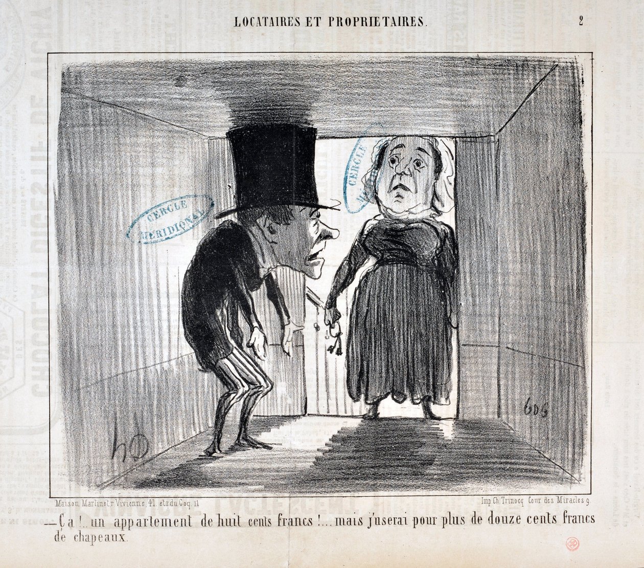 Obras de arte de Honore Daumier (1808-1879) Charivari data de 1854: SERIE TENNIQUES E PROPRIETÁRIOS "Ca!... um apartamento de oitocentos francos!... mas vou usar por mais de doze centenas de francos de chapéus" MUSEE DES BEAUX ARTS - PALAIS LONGCHAMP, MARS de Honoré Daumier