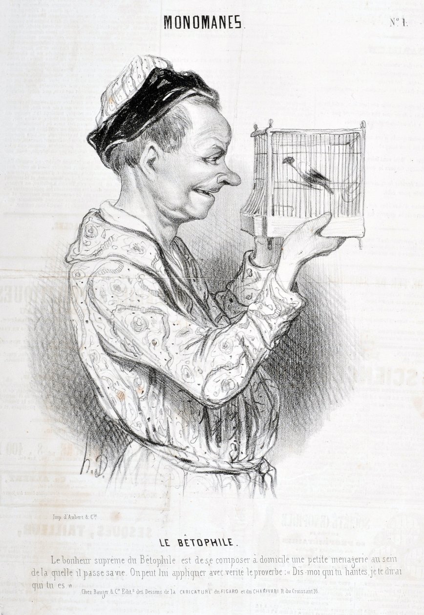 Obras de arte de Honore Daumier (1808-1879) Charivari data de 1840: Serie MONOMANES Le Betophile "A suprema felicidade de Betophile é compor em casa um pequeno menagerie no qual ele passa a sua vida. O provérbio "Diz-me quem tu assombras, eu digo-te quem de Honoré Daumier