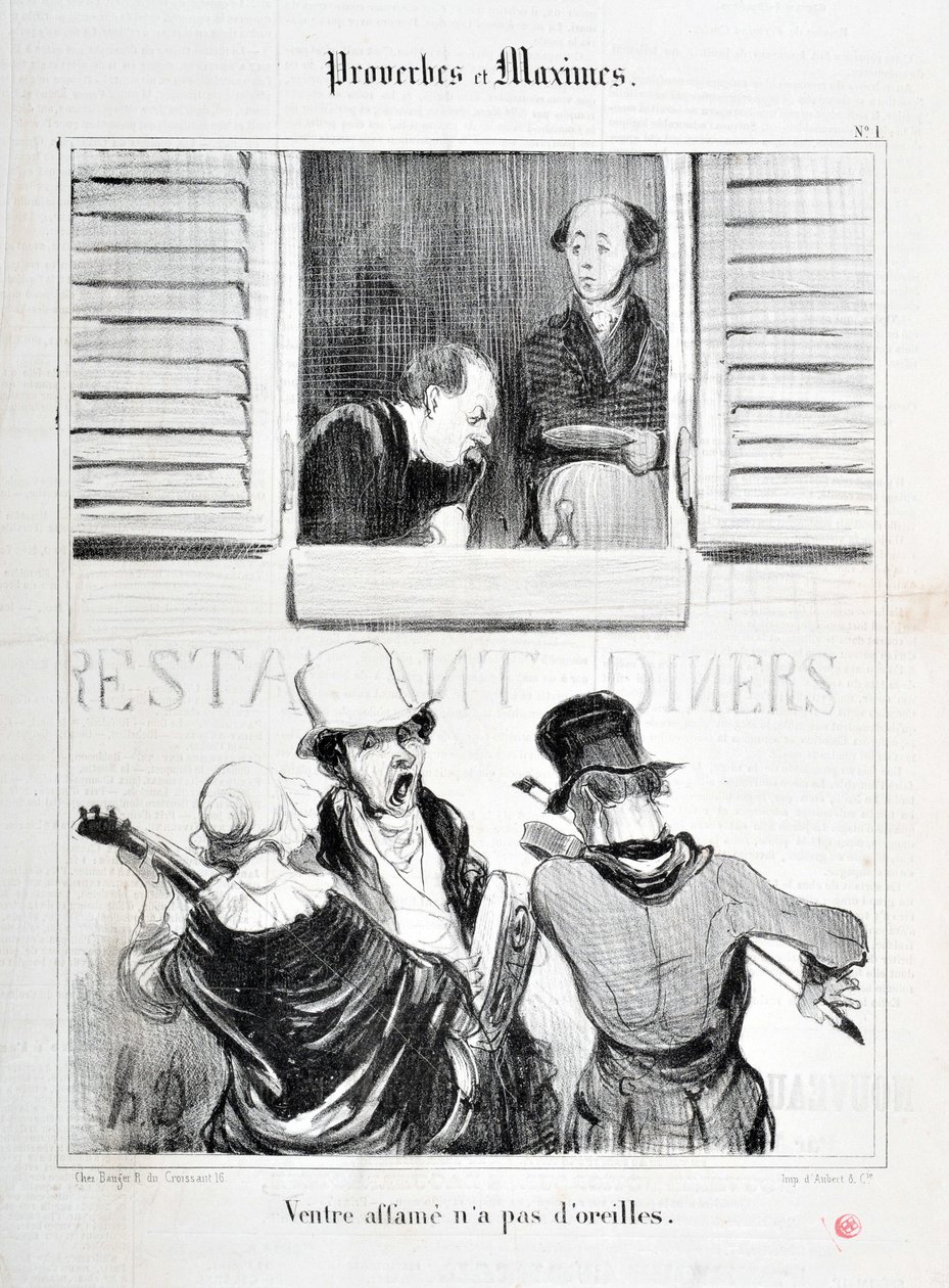 Obra de Honore Daumier (1808-1879). Charivari data de 1840: Serie PROVERBES ET MAXIMES "A fome não tem ouvidos" MUSEE DES BEAUX ARTS - PALAIS LONGCHAMP, MARSEILLE de Honoré Daumier
