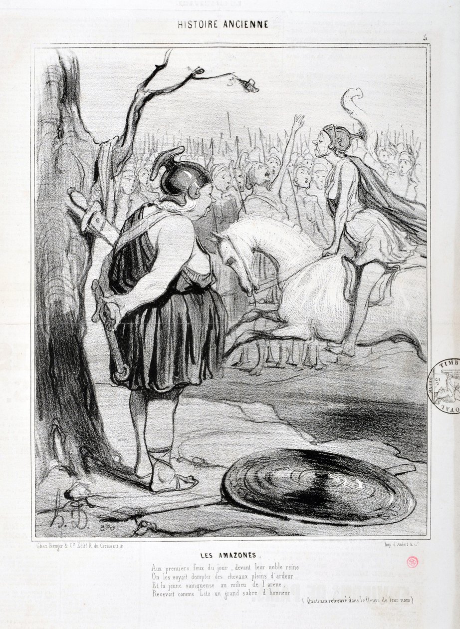 Obras de arte de Honore Daumier (1808-1879) Charivari data de 1842: Serie HISTORIE ANCIE Les Amazones. "No primeiro incêndio do dia, perante a sua nobre rainha, foram vistos cavalos domesticados e cheios de ardor. E o jovem vencedor no meio da arena rece de Honoré Daumier