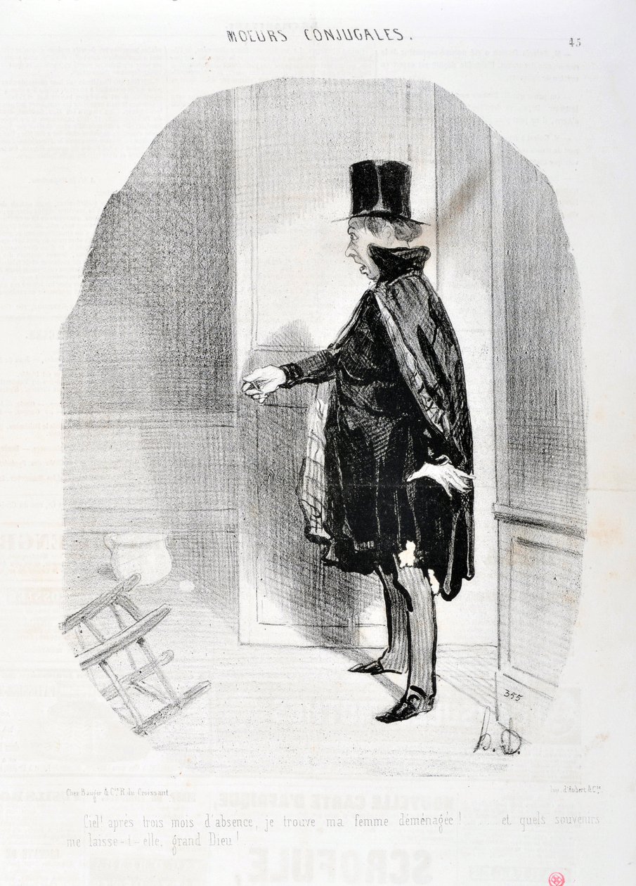 Obra de Honore Daumier (1808-1879). Charivari data de 1842: "Céu após três meses de ausência encontro a minha mulher demenagee e que memórias lavo ao seu grande Deus! "MUSEU DE BELAS ARTES - PALÁCIO LONGCHAMP, MARSEILLE de Honoré Daumier