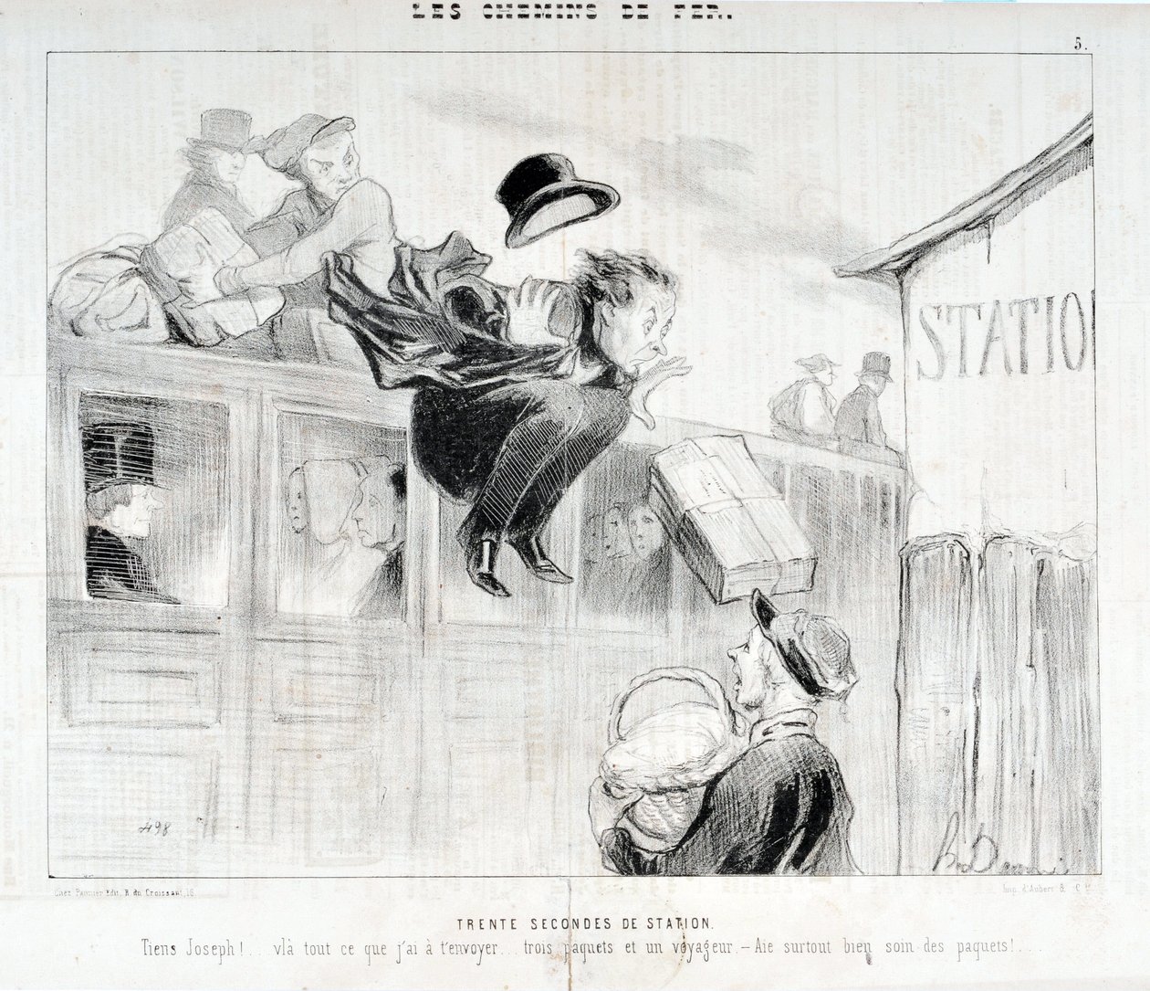 Obra de Honore Daumier (1808-1879). Charivari data de 1843: Serie LES Chemins de fer 30 segundos da estação "-Tiens Joseph! vla tudo o que tenho para lhe enviar... três pacotes e um viajante - Above all care of the packages" MUSEE DES BEAUX ART de Honoré Daumier