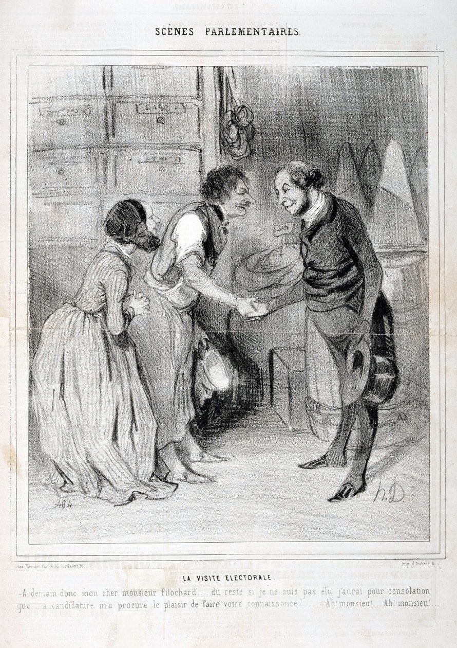 Obra de Honore Daumier (1808-1879). Charivari data de 1843: PARLAMENTÁRIO DA SERIE SCENES. A visita eleitoral. MUSEU DE BELAS ARTES - PALÁCIO LONGCHAMP, MARSEILLE de Honoré Daumier