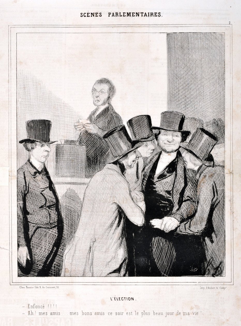 Obra de Honore Daumier (1808-1879). Charivari data de 1843: PARLAMENTÁRIO DA SERIE SCENES. A eleição "Nadar!!! "Ah meus amigos, meus bons amigos esta noite é o dia mais dia da minha vida!" MUSEU DE BELAS ARTES - PALÁCIO LONGCHAMP, MARSEILLE de Honoré Daumier