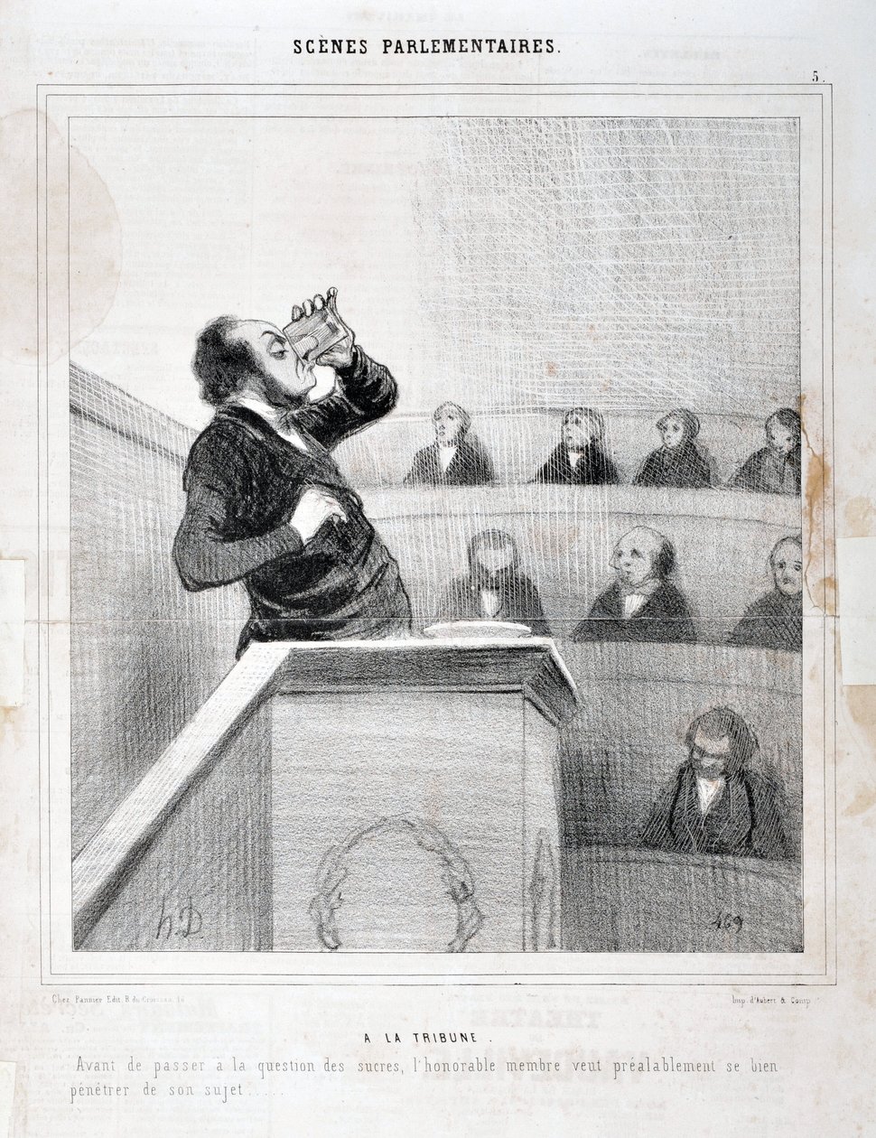 Obra de Honore Daumier (1808-1879). Charivari data de 1843: PARLAMENTÁRIO DA SERIE SCENES. Na galeria - Antes de passar à questão dos açúcares, o membro de honra quer pensar bem no seu tema" MUSEE DES BEAUX ARTS - PALAIS LONGCHAMP, MARS de Honoré Daumier