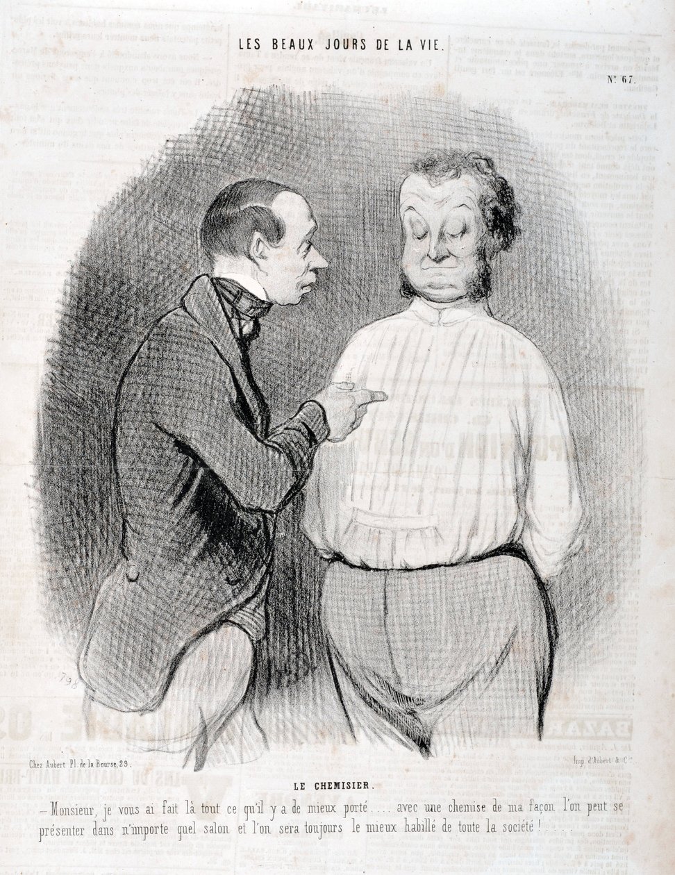 Obra de Honore Daumier (1808-1879). Charivari data de 1845: Serie LES BEAUX DAYS DE LA VIE. A blusa "-Sir, eu te fiz o melhor vestido... com uma camisa na minha maneira você pode se apresentar em qualquer sala de estar e nós sempre seremos os melhores vest de Honoré Daumier