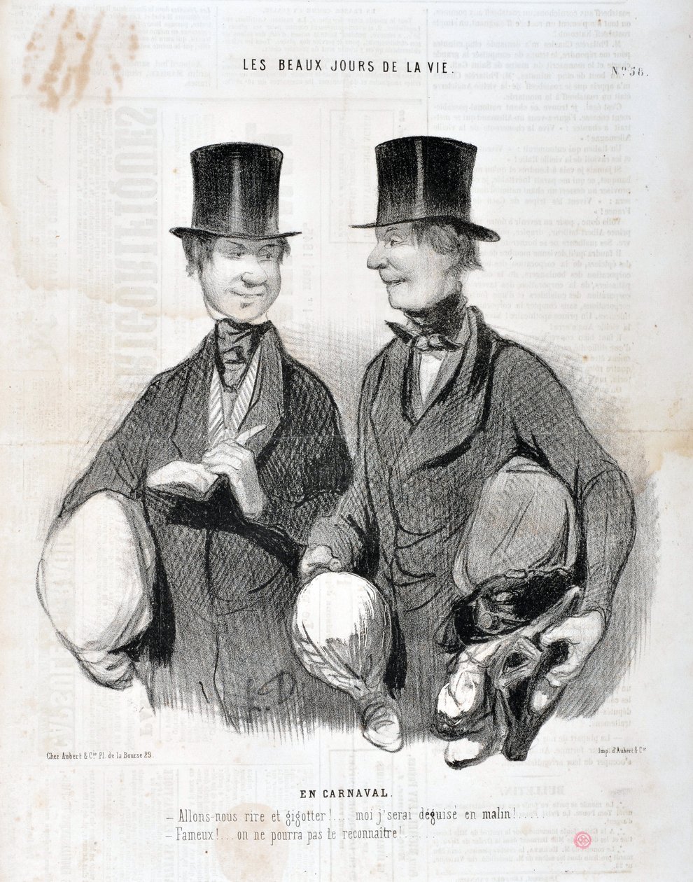 Obra de Honore Daumier (1808-1879). Charivari data de 1845: Serie LES BEAUX DAYS DE LA VIE. No Carnaval "-Vamos rir e rir! Vou ficar desapontado como esperto! Famoso! Não te podemos reconhecer..." MUSEU DE BELAS ARTES - PALÁCIO LONGCHAMP, MARSEILLE de Honoré Daumier