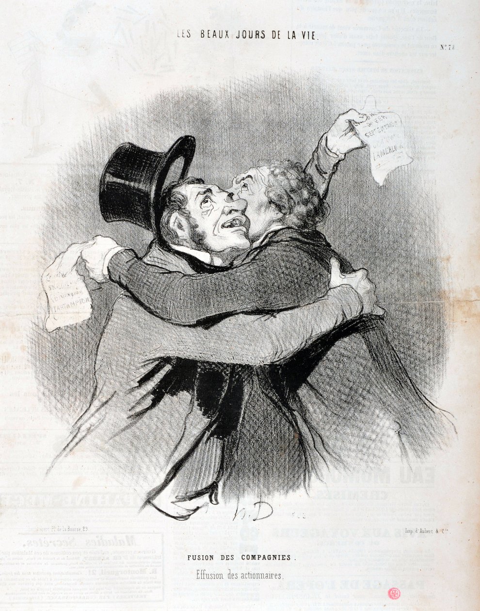 Obra de Honore Daumier (1808-1879). Charivari data de 1845: Serie LES BEAUX DAYS DE LA VIE. Fusão de empresas - Emissário de accionistas. MUSEU DE BELAS ARTES - PALÁCIO LONGCHAMP, MARSEILLE de Honoré Daumier