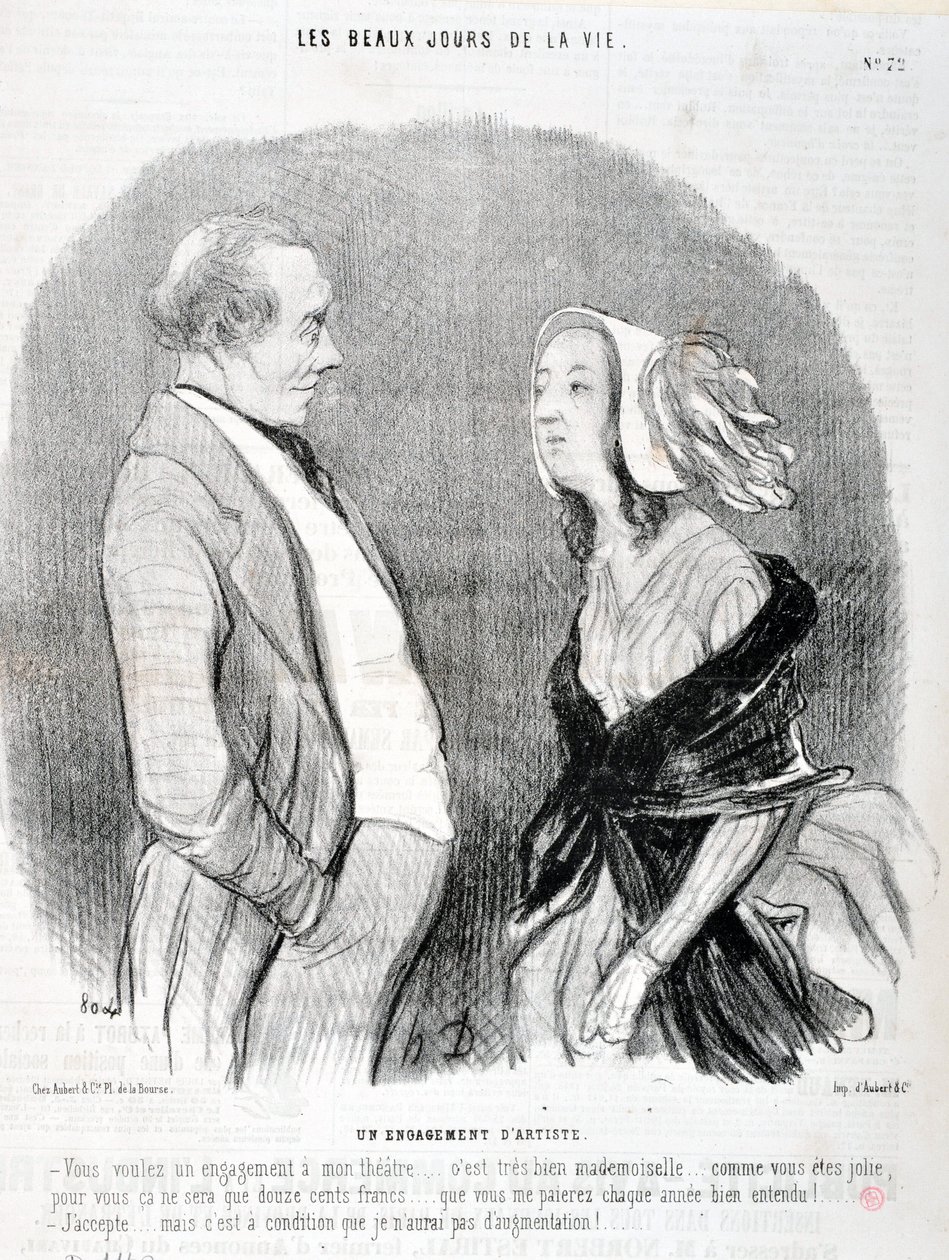 Obra de Honore Daumier (1808-1879). Charivari data de 1845: Serie LES BEAUX DAYS DE LA VIE. O compromisso de um artista "Você quer um compromisso com o meu teatro... é muito bom perder... como você é bonita para você só vai ser 1200 francos... que de Honoré Daumier
