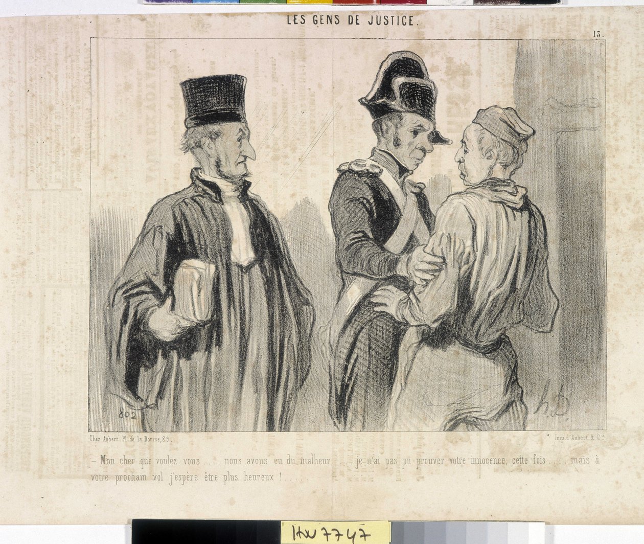 Obra de Honore Daumier (1808-1879). Charivari data de 1845: Serie LES PEANS DE JUSTIÇA. "-Meu querido o que queres... tivemos a desgraça... Não pude provar a tua inocência desta vez... mas o teu próximo voo espero ser mais feliz". Extracto do de Honoré Daumier