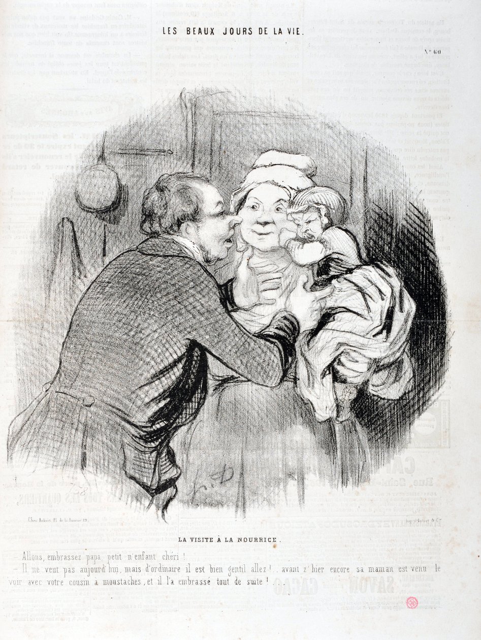 Obra de Honore Daumier (1808-1879). Charivari data de 1848: Serie Les beaux jours de la vie. A visita à enfermeira - Vamos beijar o papaizinho querido - Ele não quer hoje, mas normalmente...". MUSEU DE BELAS ARTES - PALÁCIO LONGCHAMP, MARSEILLE de Honoré Daumier