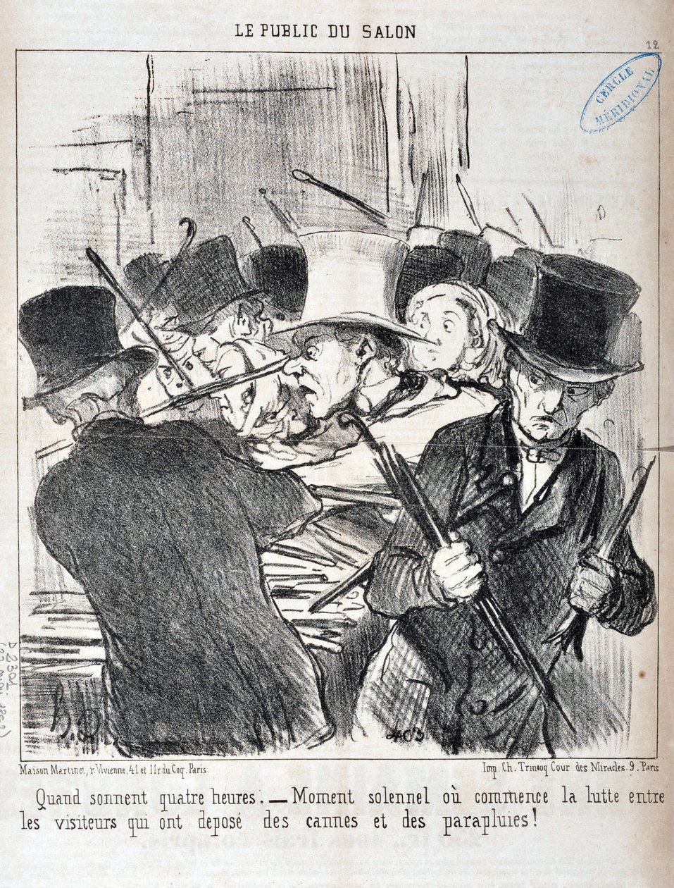 Obra de Honore Daumier (1808-1879). Charivari data de 1852: Serie LE PUBLIC DU SALON - "Quando soar quatro horas.- momento solene ou começa a luta entre visitantes que depositaram bengalas e guarda-chuvas" MUSEE DES BEAUX ARTS - PALAIS LONGCHAMP, de Honoré Daumier