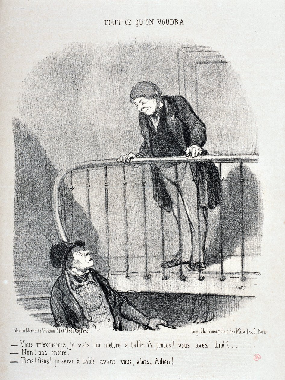 Obra de Honore Daumier (1808-1879). Charivari data de 1853: Serie TUDO O QUE VOCÊ DARÁ "Com licença, vou sentar-me à mesa. Sobre isso! Você jantou? - Não, ainda não. "Bem, bem, eu estarei na mesa antes de você" MUSEE DES BEAUTS ARTS - PALAIS L de Honoré Daumier