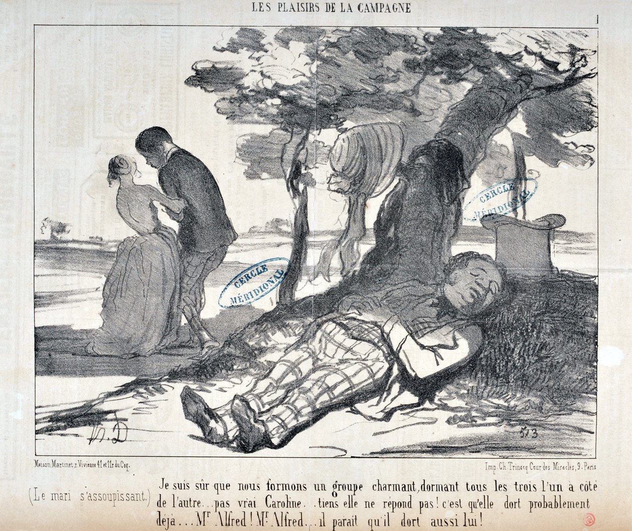Obra de Honore Daumier (1808-1879) Charivari data de 1853: Serie LES PLAISIRS DE LA CAMPAGNE "Tenho a certeza que vamos formar um grupo encantador, os três um para o outro... certo Caroline... aqui ela não está a responder! Ela provavelmente já está a dorm de Honoré Daumier