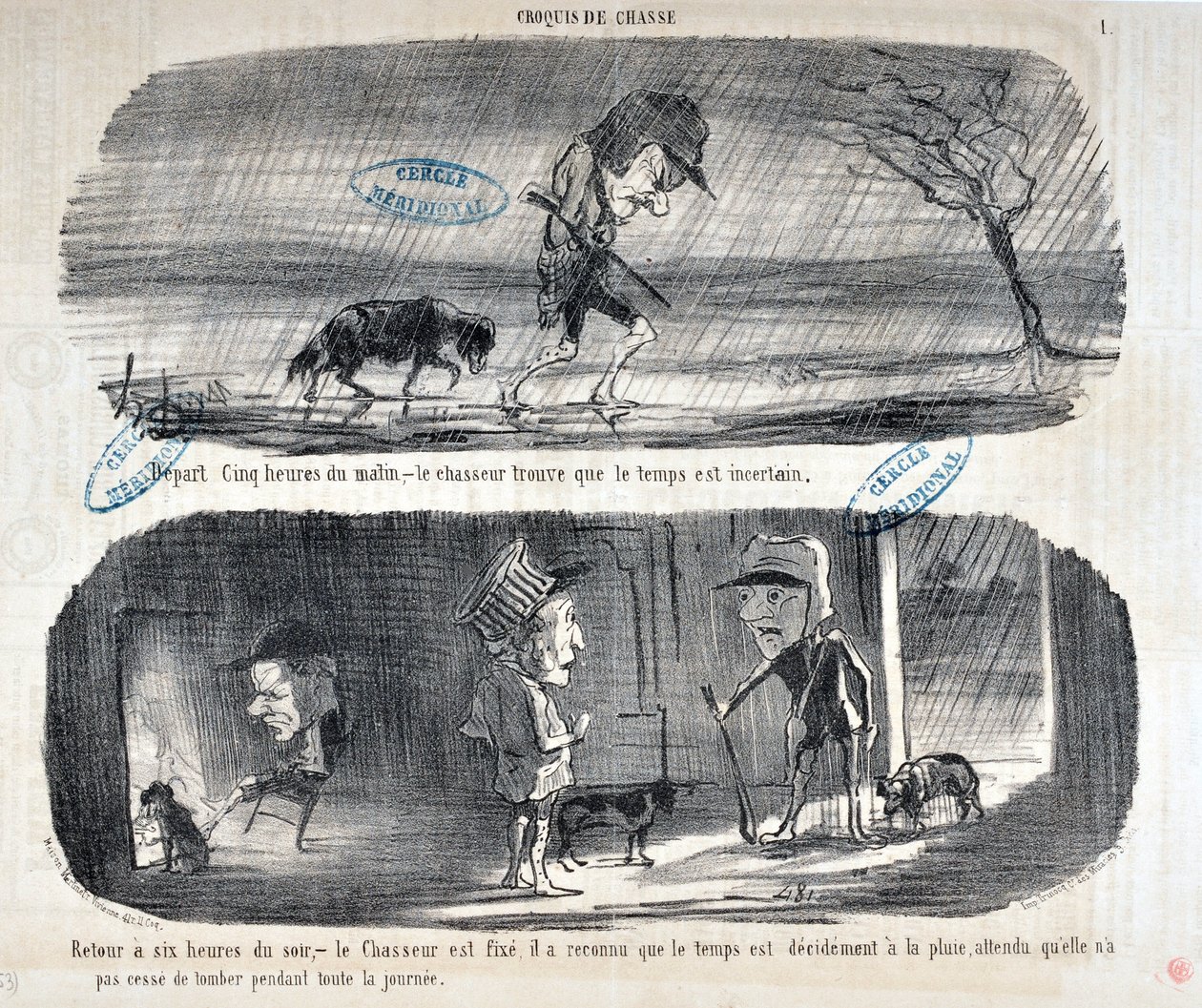 Obras de arte de Honore Daumier (1808-1879) Charivari data de 1853: Serie Sketches de Chasse "Partida Cinco heures du matin, - le chasseur descobre que o tempo é incerto" "De volta às seis horas da noite, - o caçador é fixo, ele reconheceu que de Honoré Daumier
