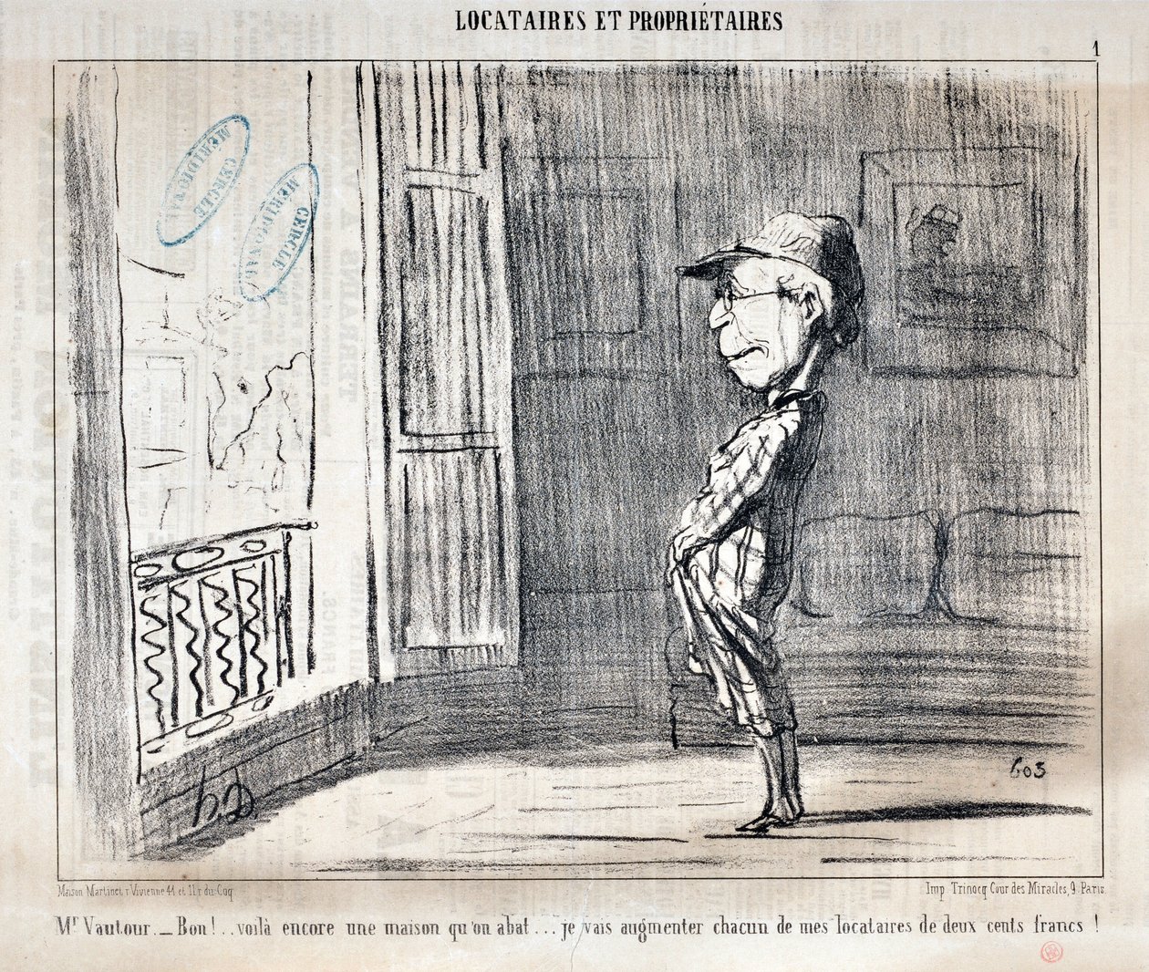 Obras de arte de Honore Daumier (1808-1879) Charivari data de 1854: Serie TENNIQUES ET OWNIRES "Sr. Vautour - Bon!... Esta é outra casa a ser abatida... Eu vou aumentar cada um dos meus inquilinos em duzentos francos"! MUSEU DE BELAS ARTES - PALÁCIO LONGCH de Honoré Daumier