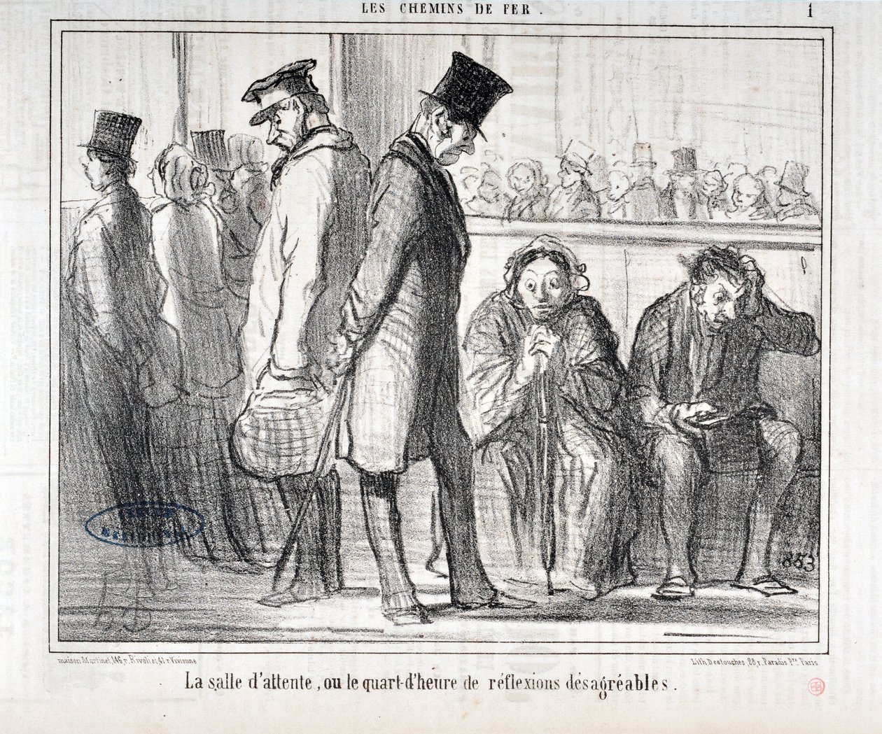 Obra de Honore Daumier (1808-1879). Charivari data de 1855: Serie LES Chemins de fer "A sala de espera ou o quarto de hora de reflexões desagradáveis" MUSEE DES BEAUX ARTS - PALAIS LONGCHAMP, MARSEILLE de Honoré Daumier