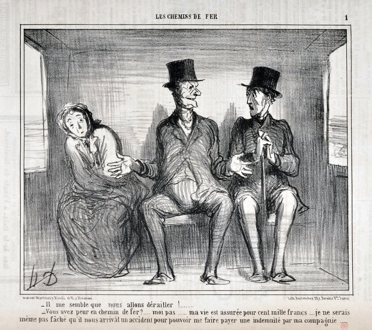 Obra de Honore Daumier (1808-1879). Charivari data de 1857: Serie LES RAILWAYS "Parece-me que vamos descarrilar!... Tens medo no caminho de ferro?... eu não... a minha vida está segurada por cem mil francos... Eu não quero nem me preocupar... de Honoré Daumier