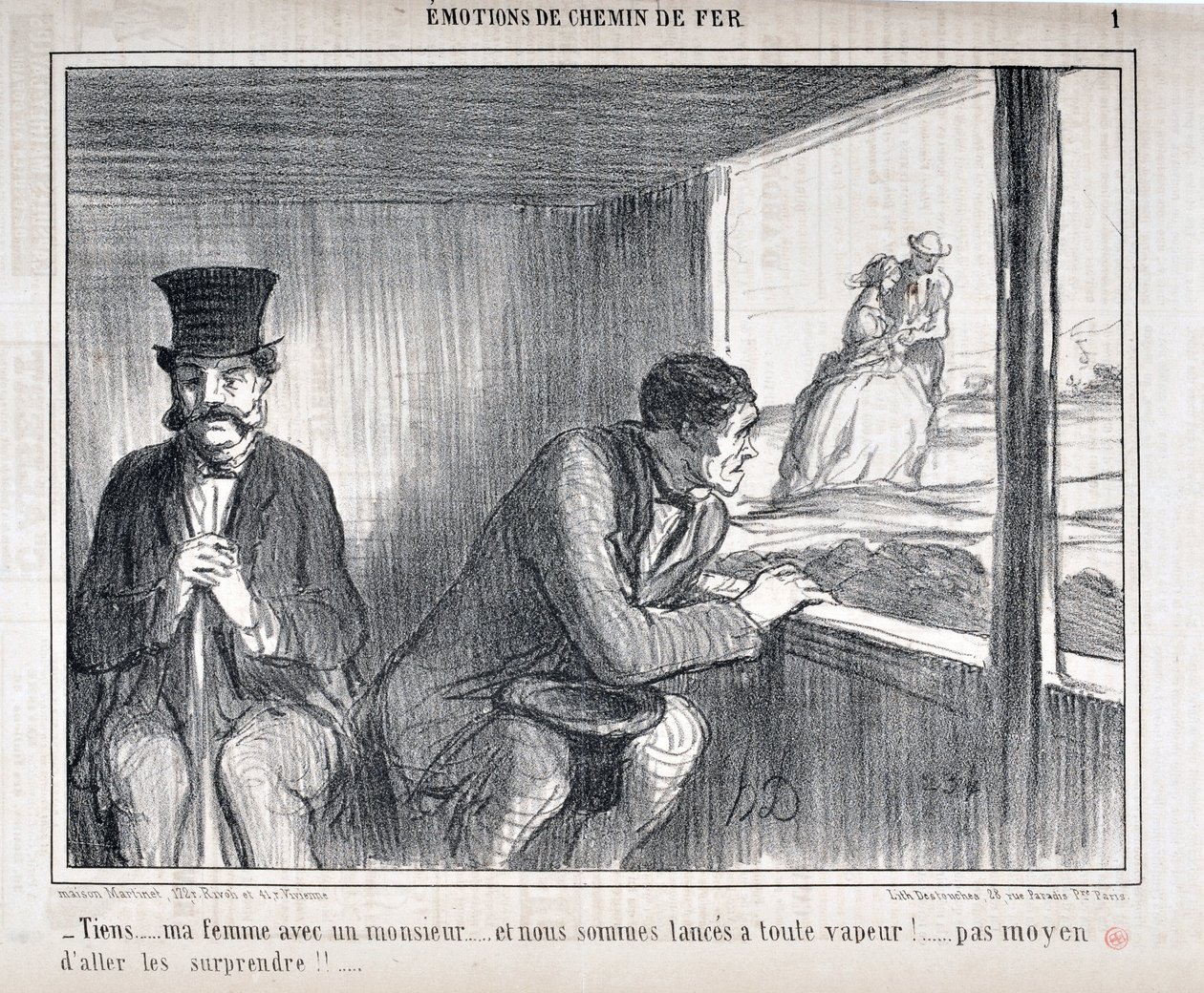 Obra de Honore Daumier (1808-1879) Charivari data de 1858: Serie EMOTIONS PT Chemin de fer -" Tiens... ma femme avec un monsieur... et nous sommes lances a toute vapeur!... no way to go surprise them!!!..." MUSEU DE BELAS ARTES - PALÁCIO LONGCHAMP, MARCHA de Honoré Daumier