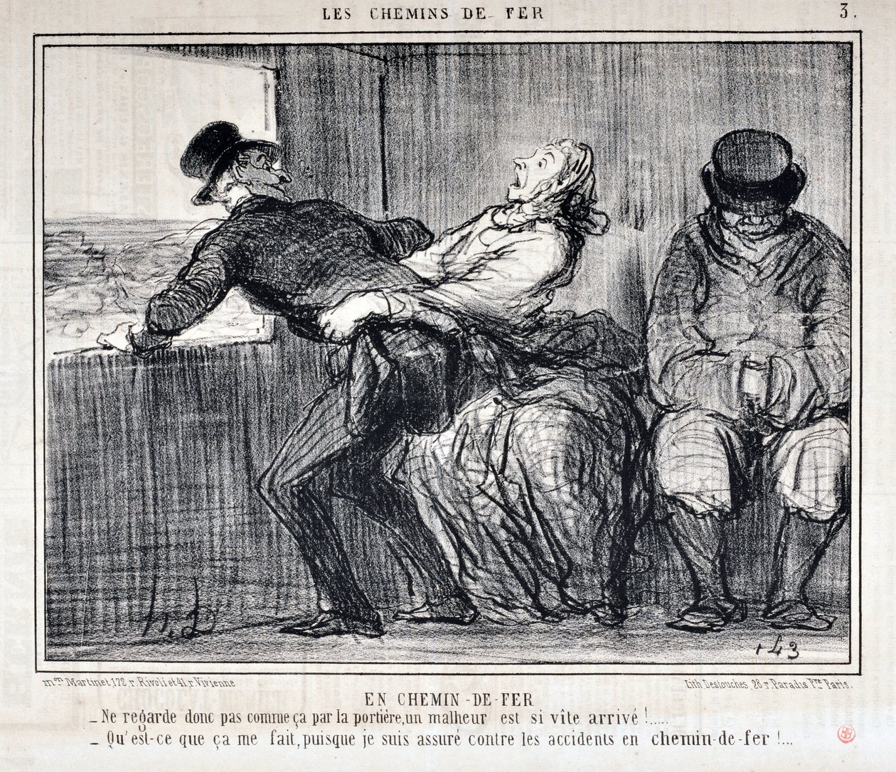 Obra de Honore Daumier (1808-1879). Charivari data de 1858: Serie LES RAILWAYS By Railroad "- Então não pareça assim através da porta, uma desgraça está vindo tão rápido!... "O que isso me importa, já que estou segurado contra acidentes nos caminhos-de-fer de Honoré Daumier