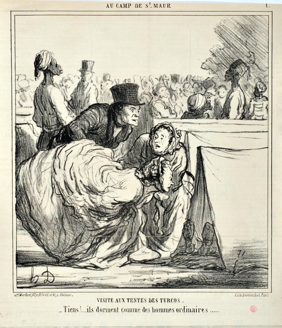 Obras de arte de Honore Daumier (1808-1879) Charivari data de 1859: Serie AU CAMP DE SAINT MAUR Visita às tendas dos turcos. "- Aqui!... eles dormem como homens comuns..." MUSEU DE BELAS ARTES - PALÁCIO LONGCHAMP, MARSEILLE de Honoré Daumier