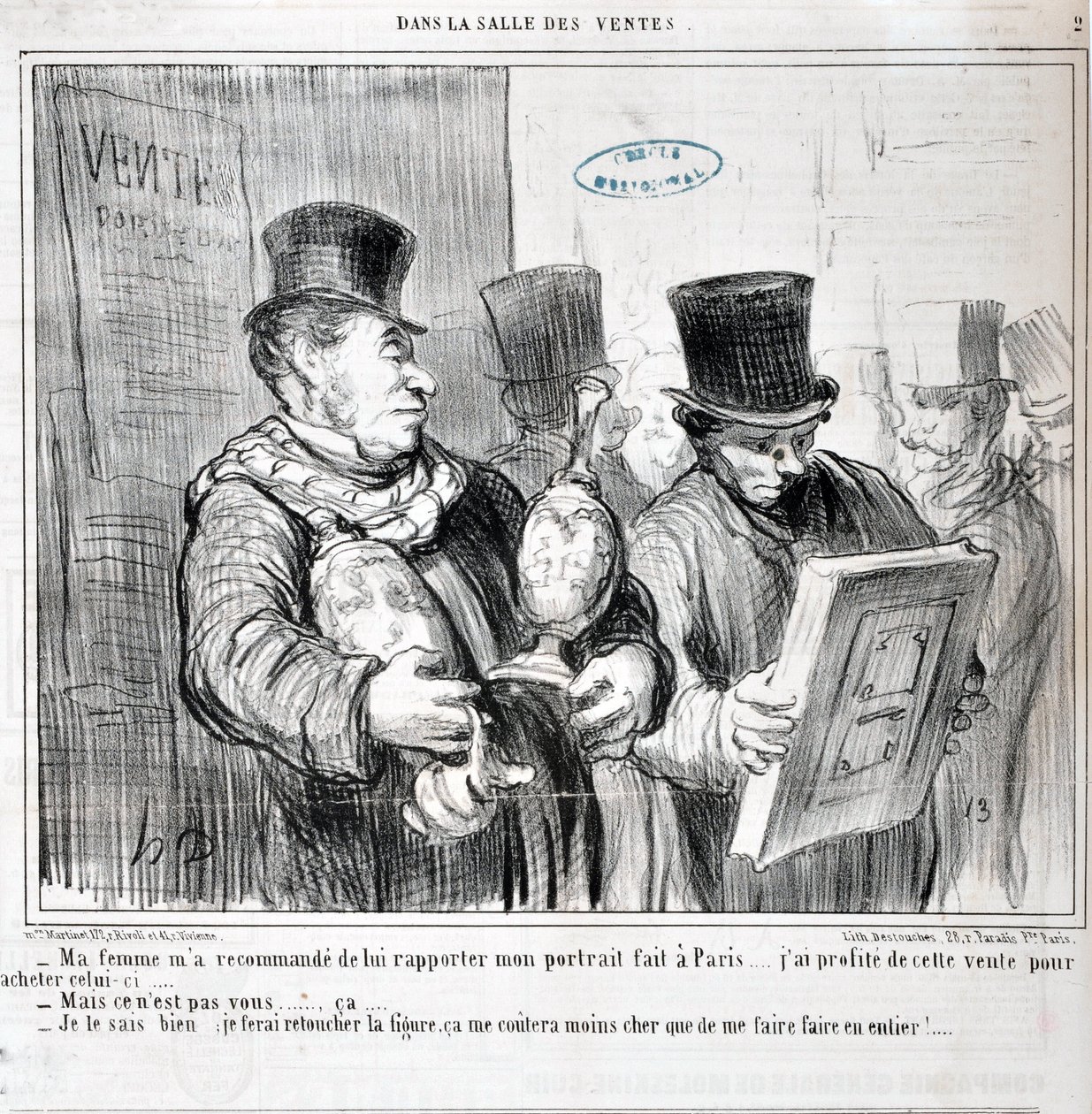 Obra de Honore Daumier (1808-1879). Charivari data de 1859: Serie IN THE SALE "- A minha mulher recomendou-me que lhe trouxesse o meu retrato feito em Paris... Eu aproveitei esta venda para comprar este... - Mas não é você... ca... - Eu sei disso, eu vou f de Honoré Daumier