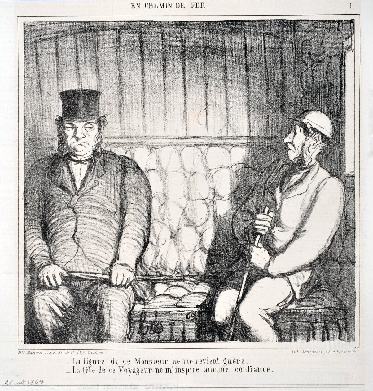 Obra de Honore Daumier (1808-1879). Charivari data de 1864: Serie LES CHAINS DE RAILWAY "- A figura deste cavalheiro não volta para mim. - a cabeça deste viajante não me inspira confiança" MUSEE DES BEAUX ARTS - PALAIS LONGCHAMP, MARSE de Honoré Daumier