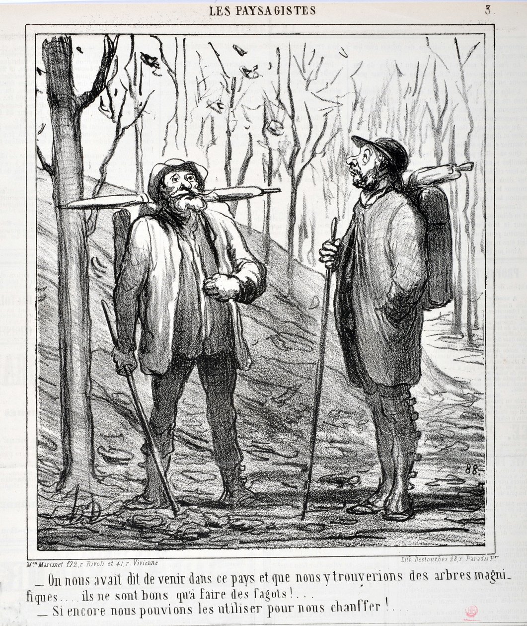 Obra de Honore Daumier (1808-1879). Charivari data de 1864: Serie LES LANDSAGISTS "- Foi-nos dito para virmos a este país e que encontraríamos belas árvores... são boas para fazer fagots!... "Se pudéssemos usá-las para nos aquecer!..." MUSEU DA FIN de Honoré Daumier