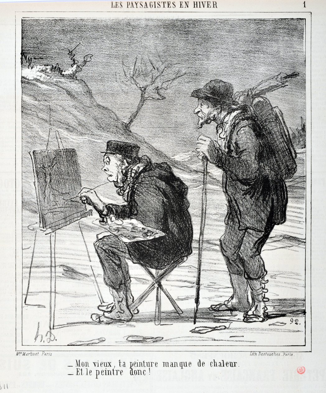 Obra de Honore Daumier (1808-1879). Charivari data de 1864: Serie LES LANDSAGISTS IN WINTER "- Meu velho, o teu quadro não tem calor - E o pintor assim! "MUSEU DE BELAS ARTES - PALÁCIO LONGCHAMP, MARSEILLE de Honoré Daumier