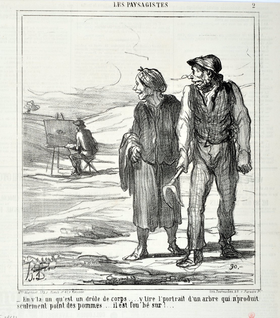Obra de Honore Daumier (1808-1879). Charivari data de 1864: Serie LES LANDSAGISTS "- Neste que é um corpo engraçado... desenha um retrato de uma árvore que não produz apenas maçãs... ele é louco por!..." MUSEU DE BELAS ARTES - PALÁCIO LONGCHAMP, de Honoré Daumier