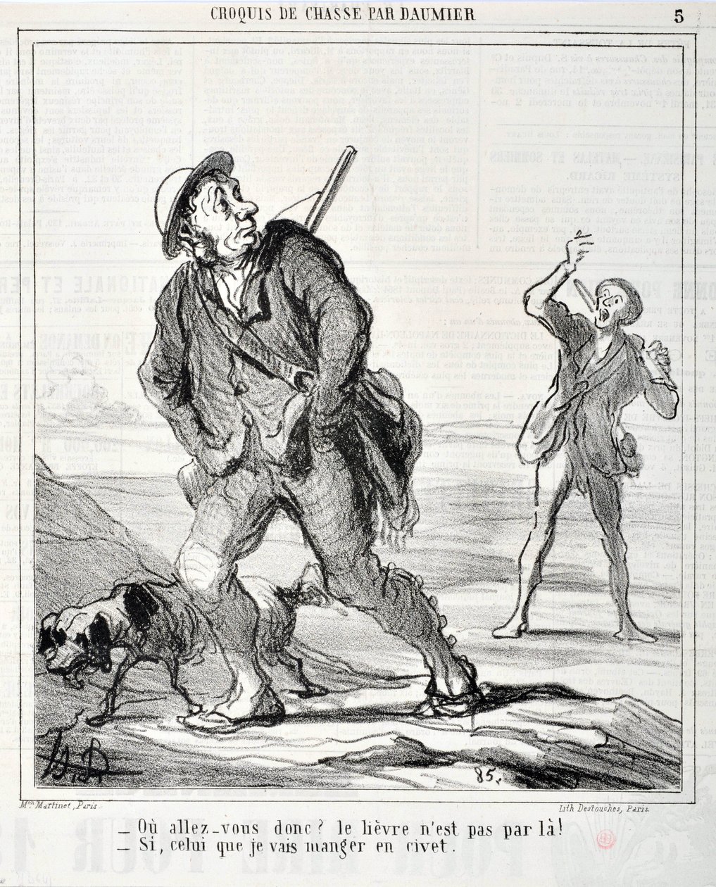 Obras de arte de Honore Daumier (1808-1879) Charivari data de 1864: Serie Sketch de Chasse "Ou va donc? A lebre não é por ali! - Se a que vou comer em civet" MUSEE DES BEAUX ARTS - PALAIS LONGCHAMP, MARSEILLE de Honoré Daumier