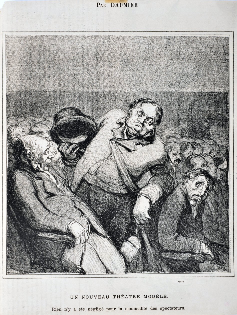 Obra de Honore Daumier (1808-1879). Charivari data de 1864: Esboços da Série Tirados no Teatro Um novo modelo de teatro. "Nada foi negligenciado para a conveniência dos espectadores" MUSEE DES BEAUX ARTS - PALAIS LONGCHAMP, MARSEILLE de Honoré Daumier