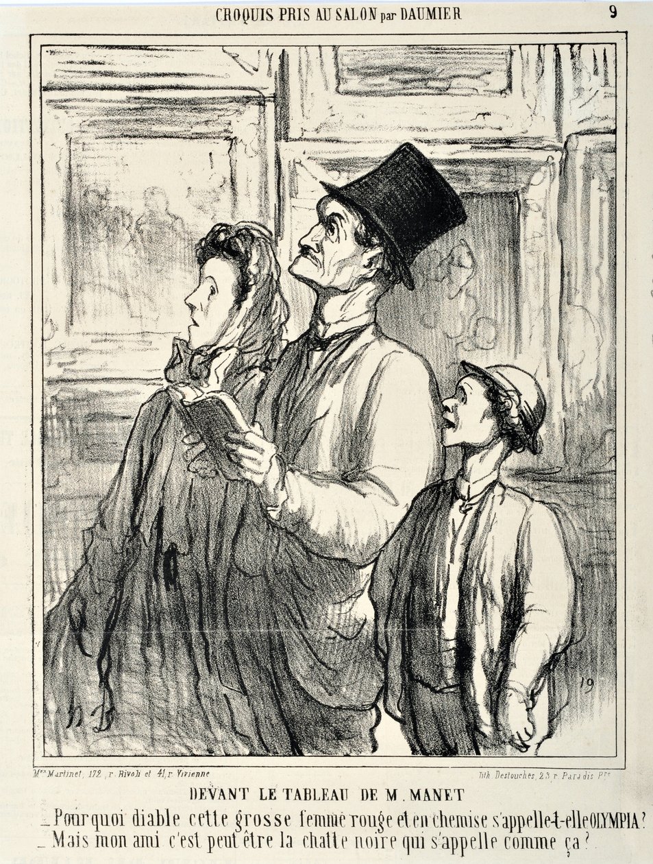 Obras de arte de Honore Daumier (1808-1879) Charivari data de 1865: Serie CRUQUIS PAUIT AU SALON Devant un tableau by Manet "-Why diable cette grosse femme rouge et en chemise s