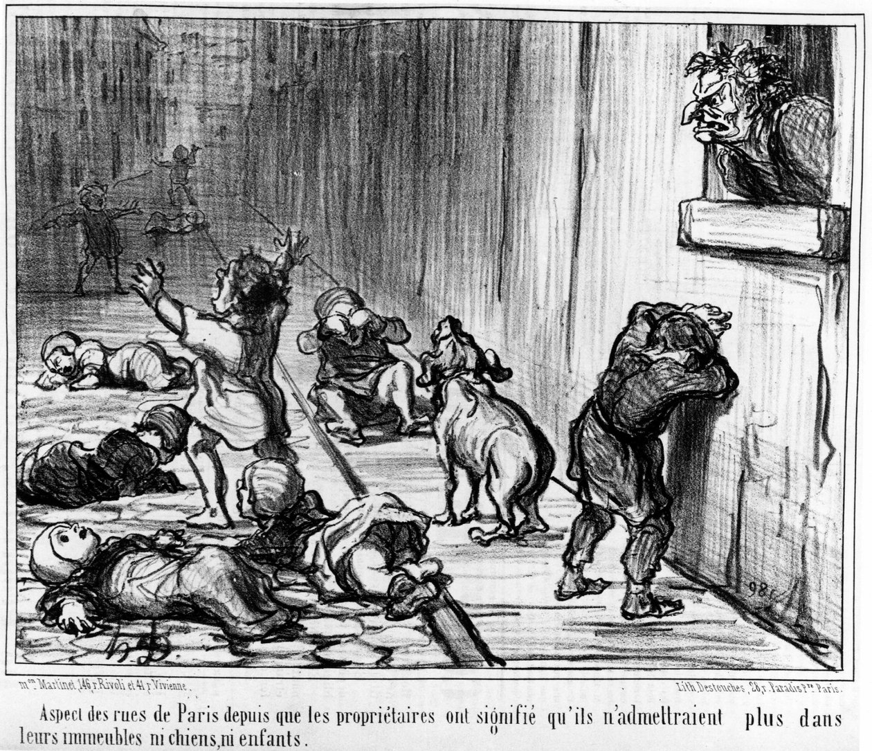 Aspecto das ruas de Paris, uma vez que os proprietários já não admitiam nos seus edifícios nem cães nem crianças, retirados de "Tenants et Proprietaires", uma série de desenhos animados de Honore Daumier (1808-1879). "Charivari". de Honoré Daumier