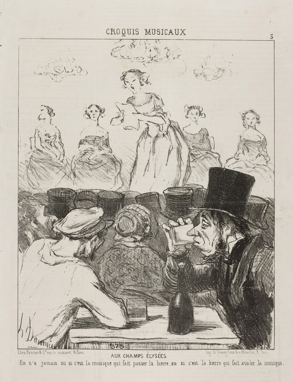 Nos Champs-Elysées, nunca ficou muito claro se a música faz a cerveja baixar, ou a cerveja que faz você engolir a música, prato 3 do Croquis Musicaux, 1852 de Honoré Daumier
