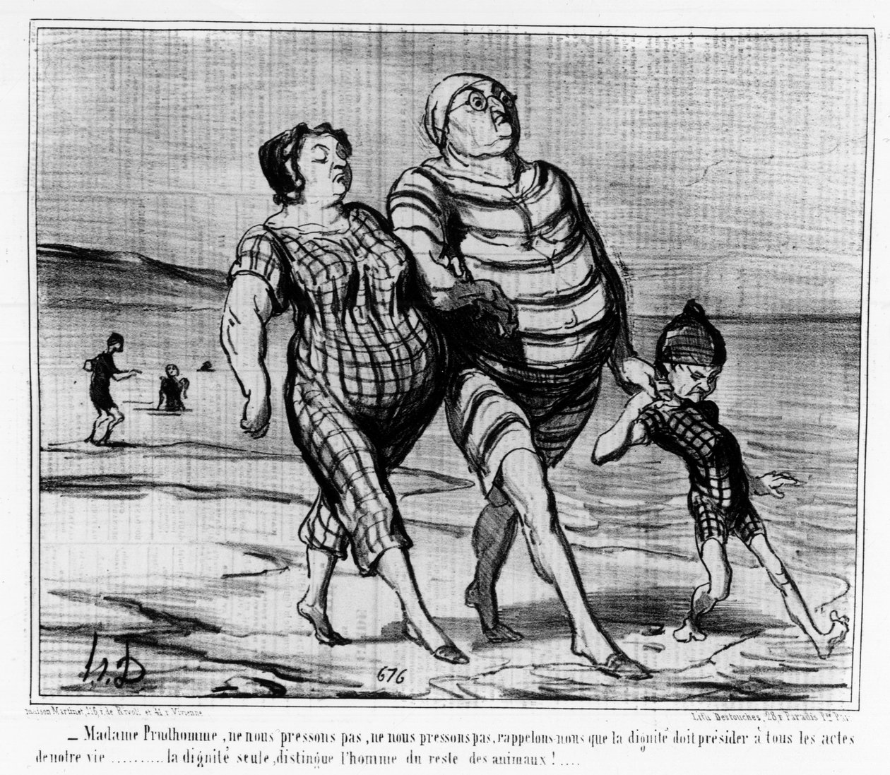 Nos banhos de mar: Caminhada de família parisiense numa praia - por Daumier, em "Charivari de Honoré Daumier