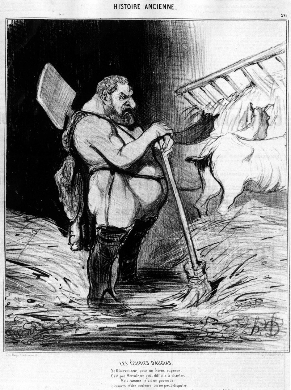 Cavalariças Augias. Homem com a aparência de um anão num estábulo: retirado de "História Antiga", caricatura de Honore Daumier de Honoré Daumier