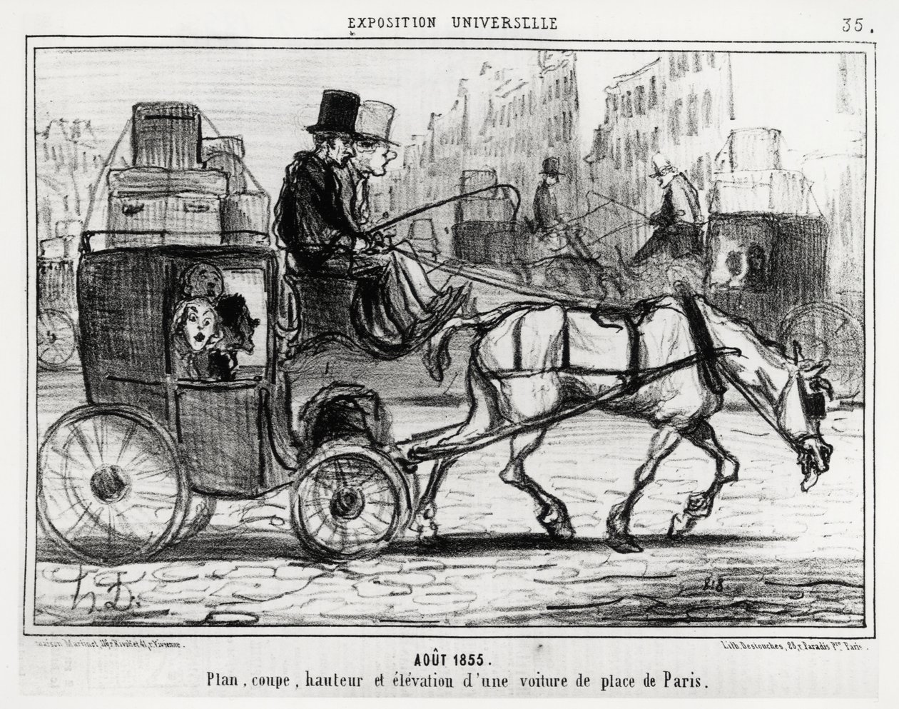 Agosto 1855, exposição universal: plano, corte, altura e elevação de um carro parisiense. Ilustração de Honore Daumier (1808-1879), publicada no noticiário "Charivari", datada de 4 de setembro de 1855. de Honoré Daumier