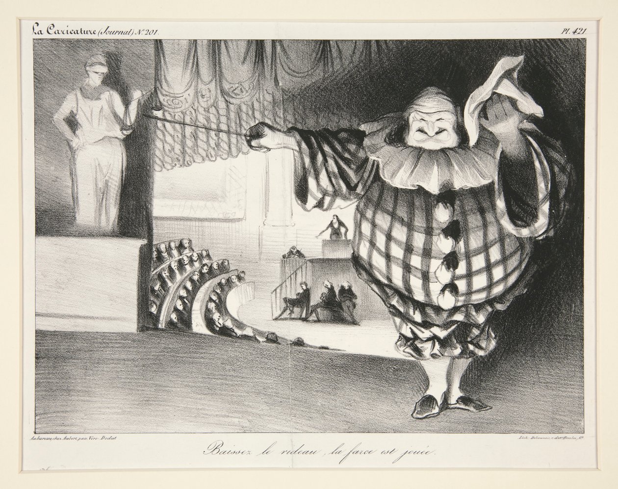 Baissez le rideau, la farce est jou?e. (Abaixe a cortina, a farsa acabou.), pl. 421 da revista La Caricature no. 201 de Honoré Daumier