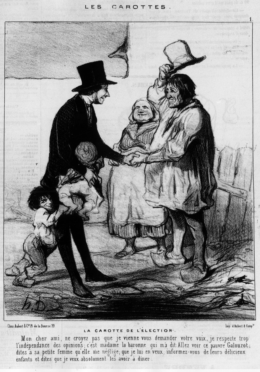 Candidato a visita eleitoral em uma família de camponeses: "A Cenoura das Eleições" - desenho animado por Daumier, em "Charivari" de 21/03/1844 de Honoré Daumier