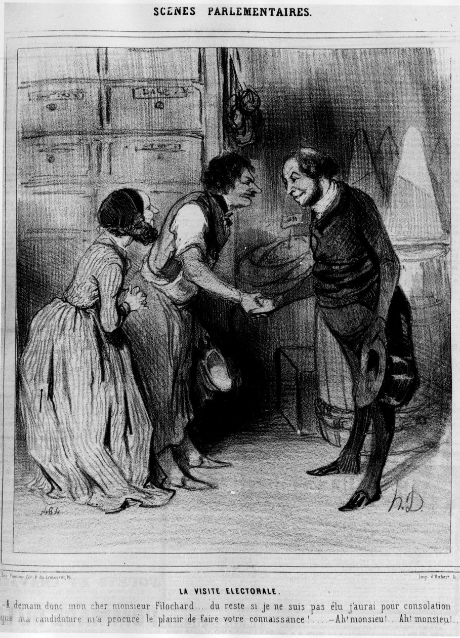 Candidato a visita eleitoral a comerciantes: "La visite électorale" - desenho animado por Daumier, em "Charivari" de 08/04/1844 de Honoré Daumier