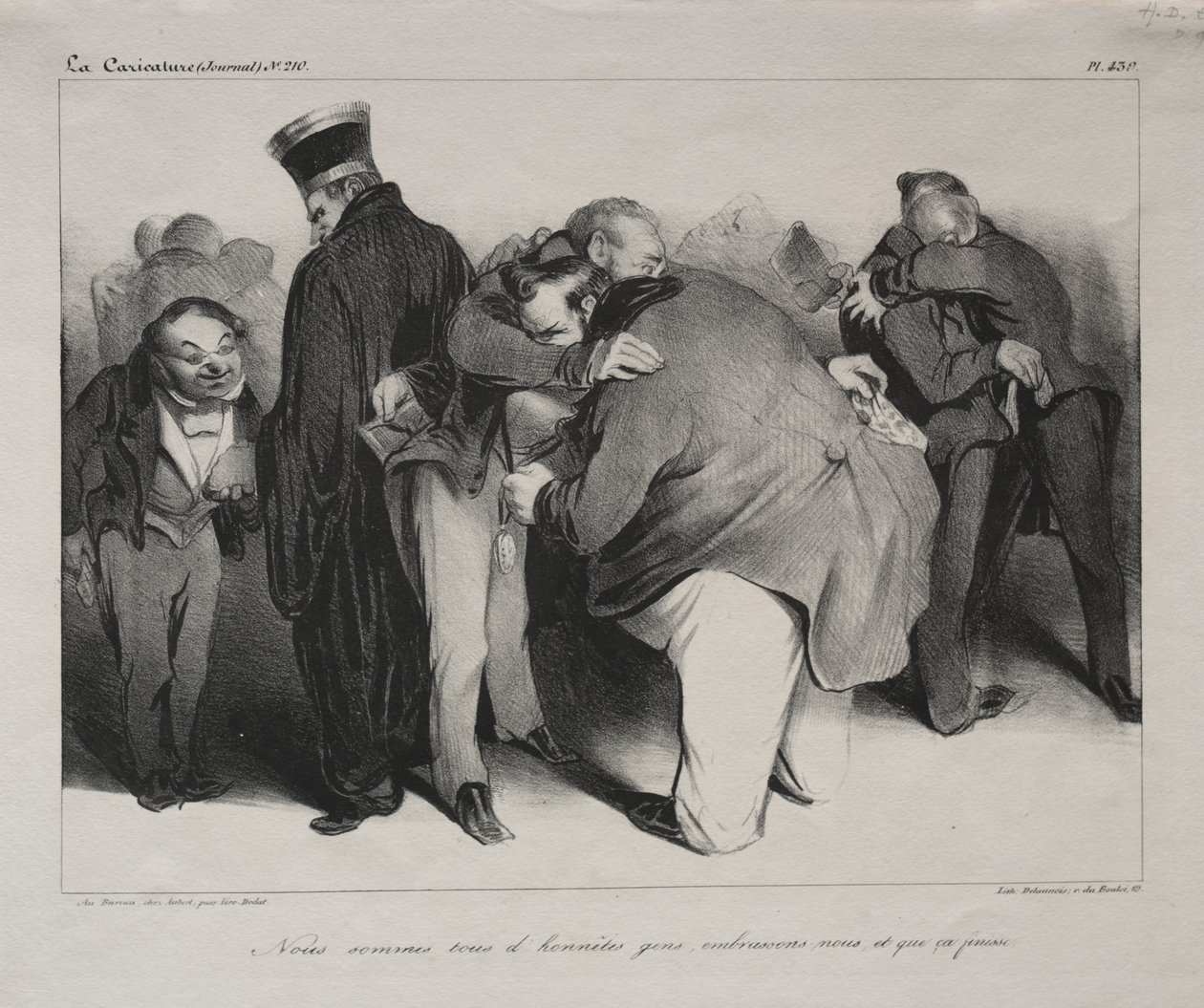 Caricatura, placa 439: Somos todos homens honestos, então vamos abraçar e acabar com isso de Honoré Daumier