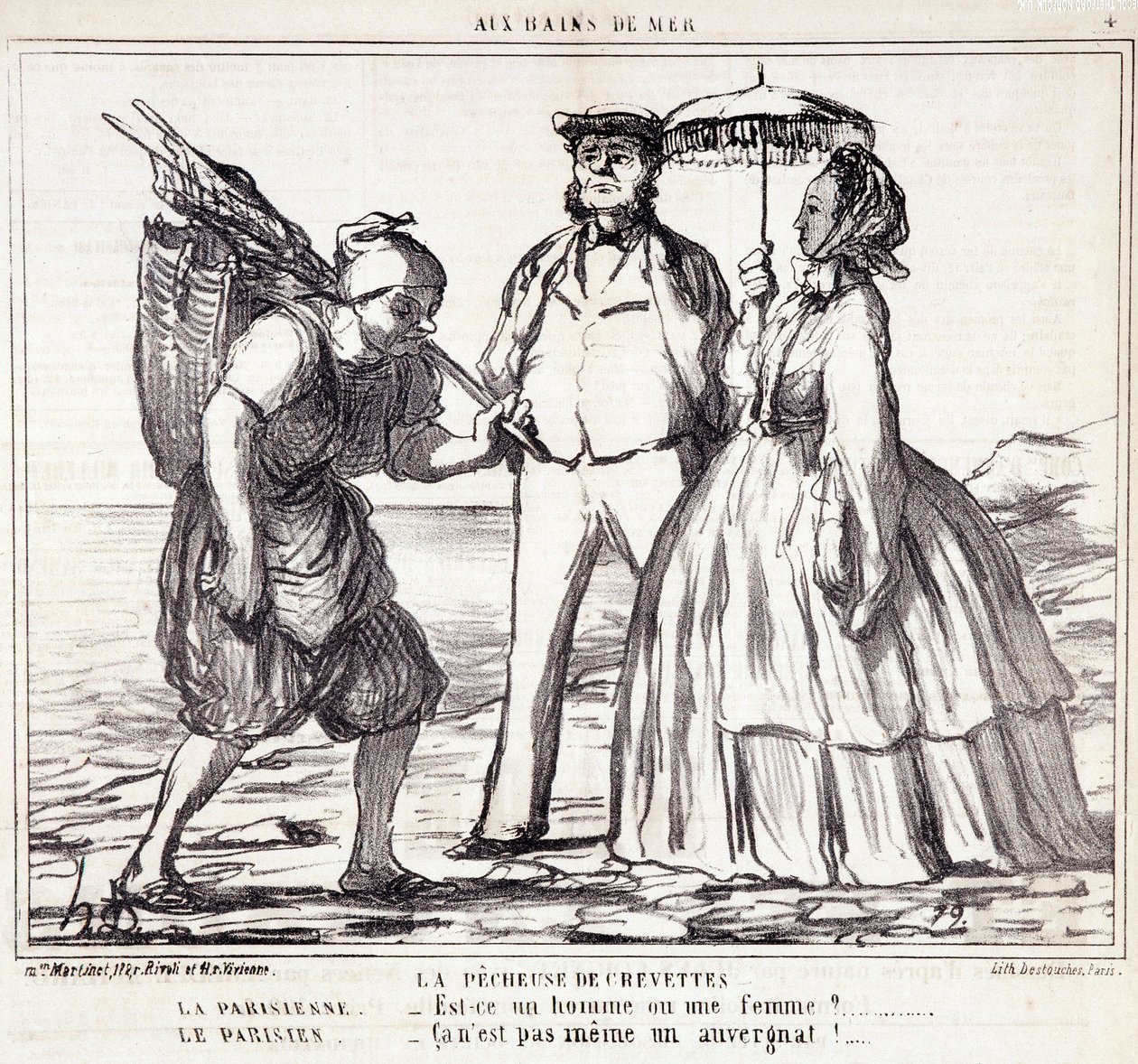 Desenho animado sobre turistas parisienses em férias. Série "Ax Bains de Mer": "A pesca do camarão..." Gravação por Honore DAUMIER (1808-1879). Extracto do jornal "Le Charivari" de 5 de Setembro de Honoré Daumier
