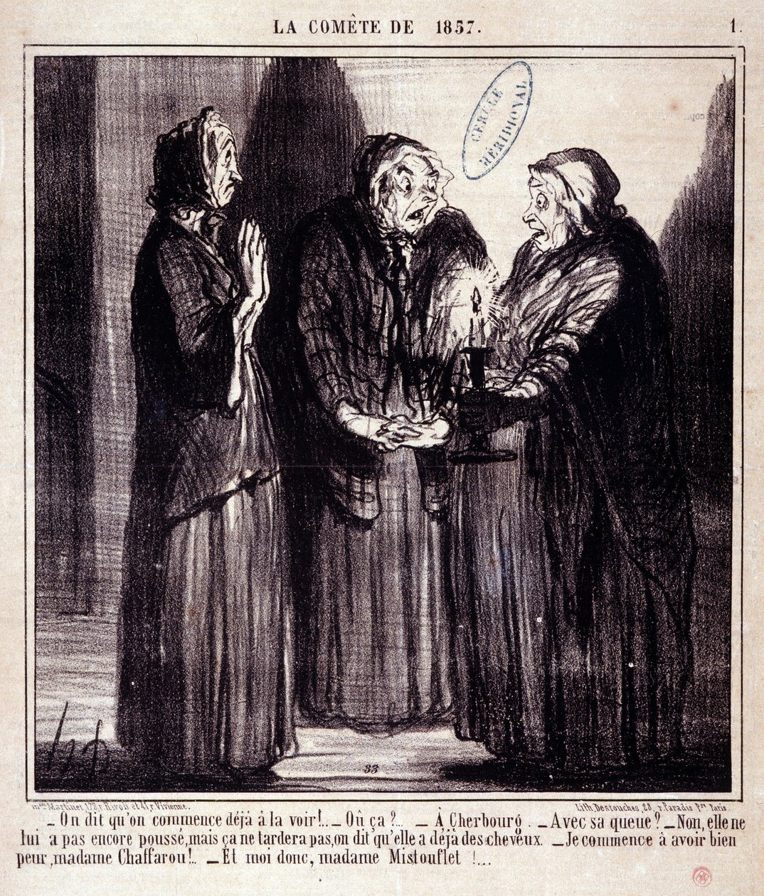 Desenho animado sobre ciência. Serie Sur "The Comete of 1857": "Dizem que já estamos a começar a vê-la!..." Gravação por Honore DAUMIER (1808-1879). Extracto do jornal "Le Charivari" de 7 de Março de Honoré Daumier