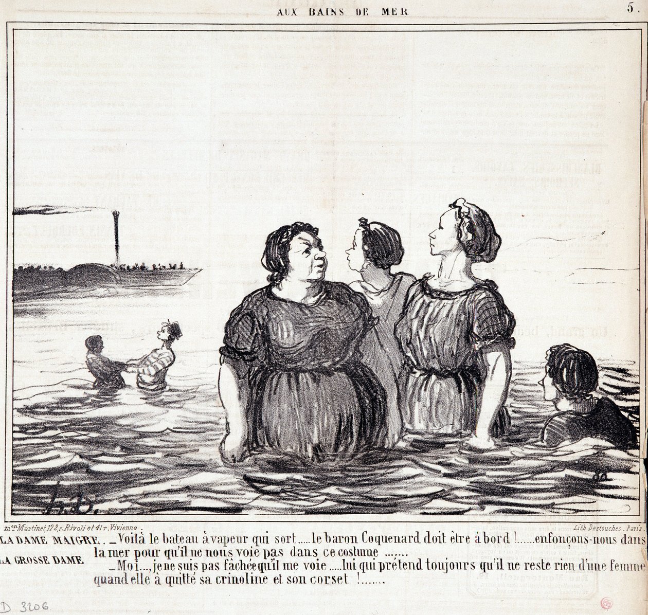 Desenho animado sobre as aparências e a moda. Série "Les Bains de Mer": "A senhora magricela (...), a senhora gorda (...)" Gravação de Honore DAUMIER (1808-1879). Extracto do jornal "Le Charivari" de 16 de Setembro de Honoré Daumier