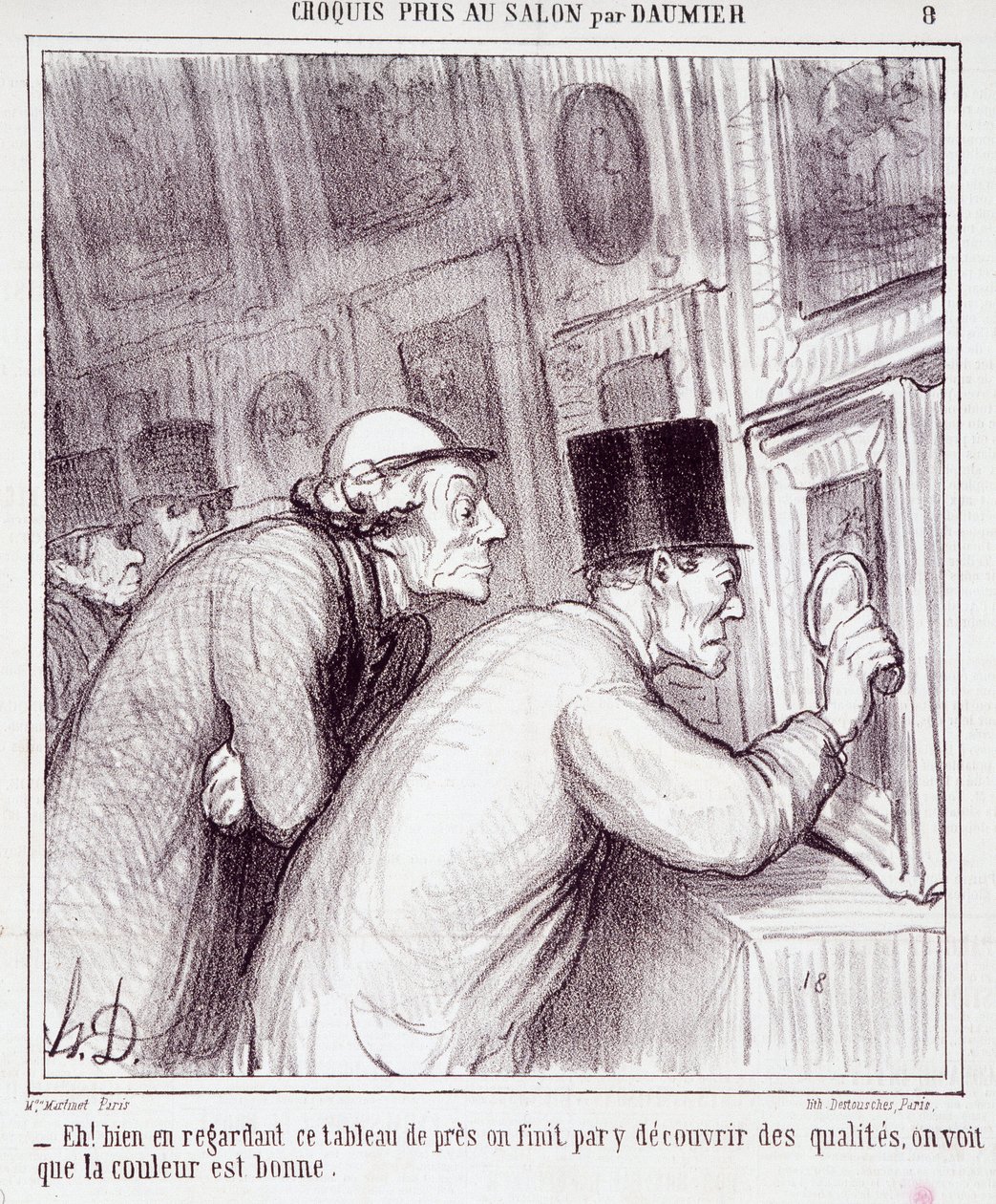 Desenho animado sobre os amantes de arte. Série "Sketch tirado no Salão por Daumier": "Eh! bem olhando para este quadro, acabamos por descobrir qualidade, vemos que a cor é boa". Gravura de Honore DAUMIER (1808-1879). Extracto do jornal "Le Chari de Honoré Daumier