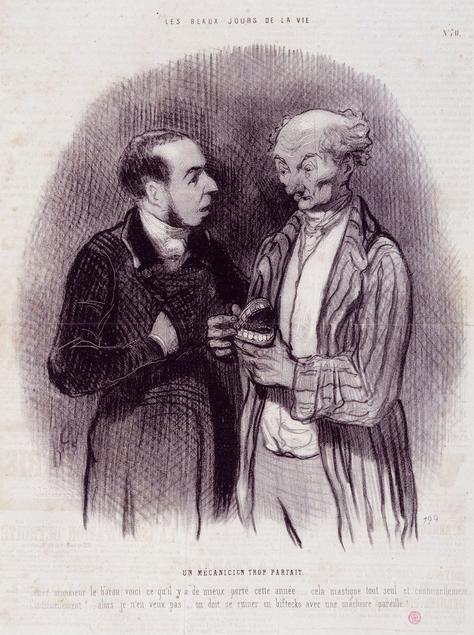 Desenho animado sobre cirurgiões dentistas. Série "The Beautiful Days of Life": "Um mecânico demasiado perfeito...". Gravura por Honore DAUMIER (1808-1879). Extracto do jornal "Le Charivari" de 22 de Setembro de Honoré Daumier